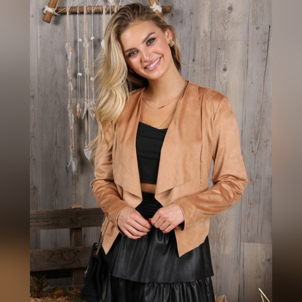 ninexis faux suede cropped open front jacket NWT camel small